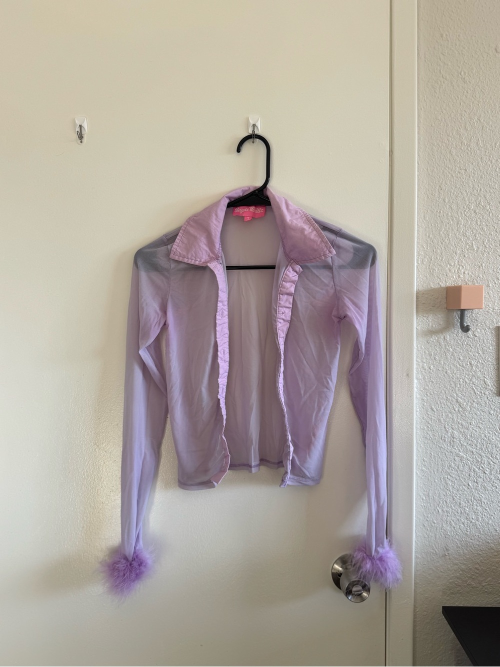 Sugar Thrillz Lilac Sheer Bomber Jacket with Feather Cuffs
